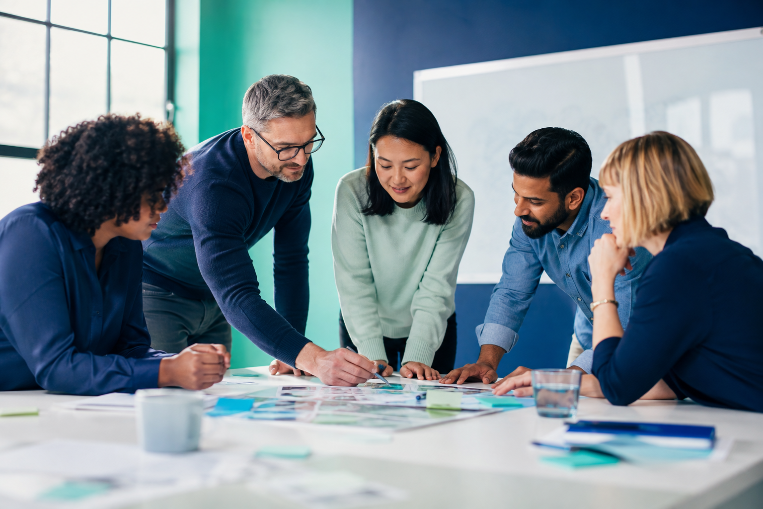 Equipo diverso aportando ideas alrededor de una mesa