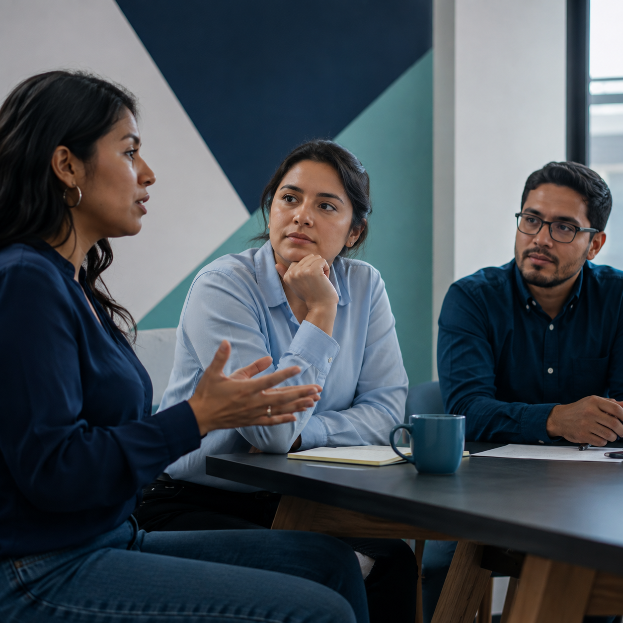 Equipo diverso dialogando en una sesión de aprendizaje