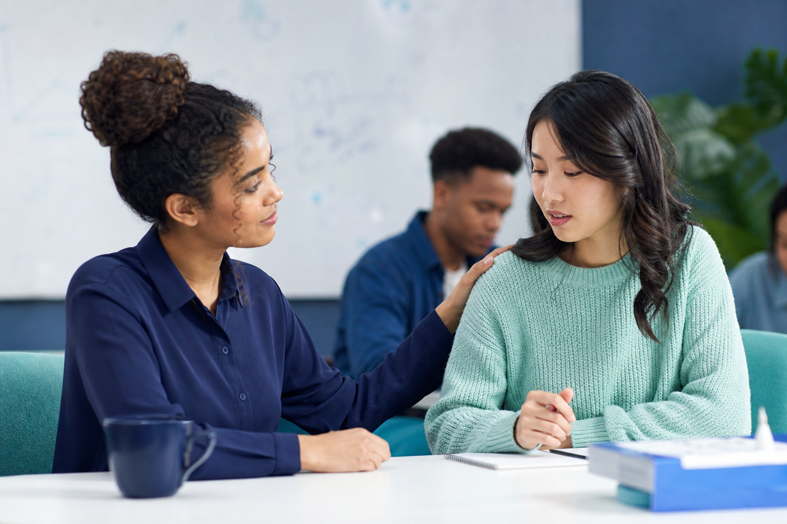 Colegas practicando empatía y apoyo mutuo en el trabajo