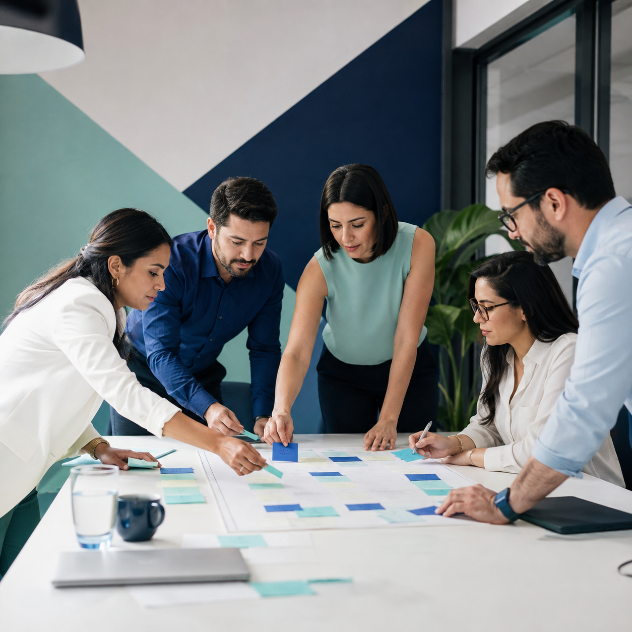 Equipo diverso reorganizando un taller de trabajo