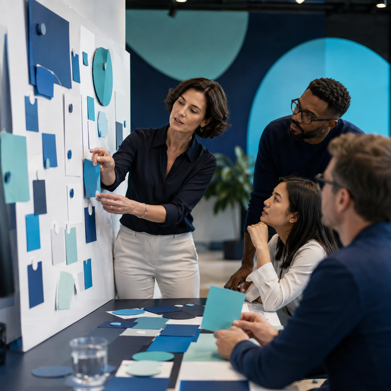 Equipo ajustando un plan durante una sesión colaborativa