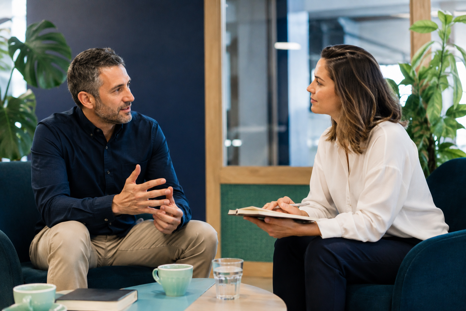 Dos colegas en una conversación breve y enfocada