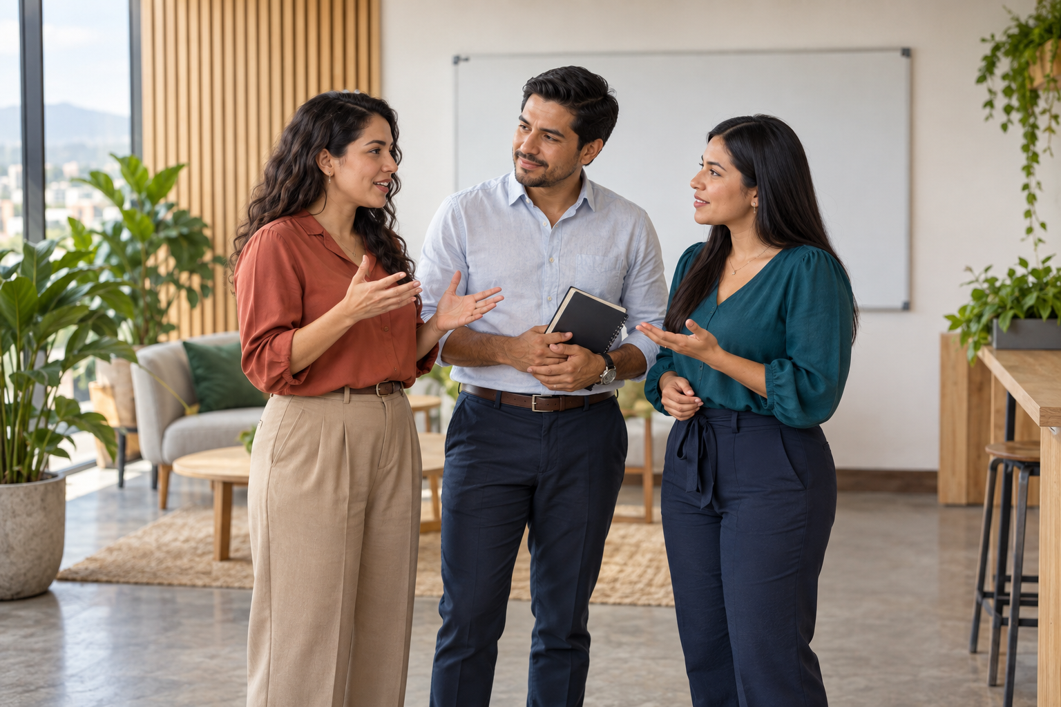 Dos profesionales latinoamericanos conversan con escucha y conciencia emocional en el trabajo.