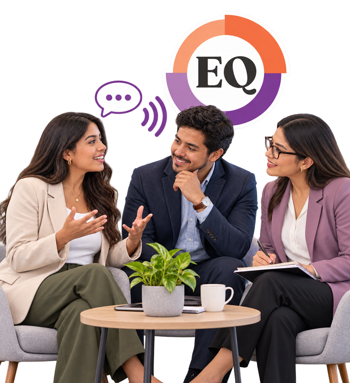 Tres profesionales conversan sobre inteligencia emocional junto al emblema EQ