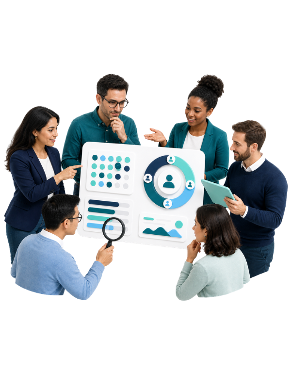Equipo real analizando talento con un panel de evaluación