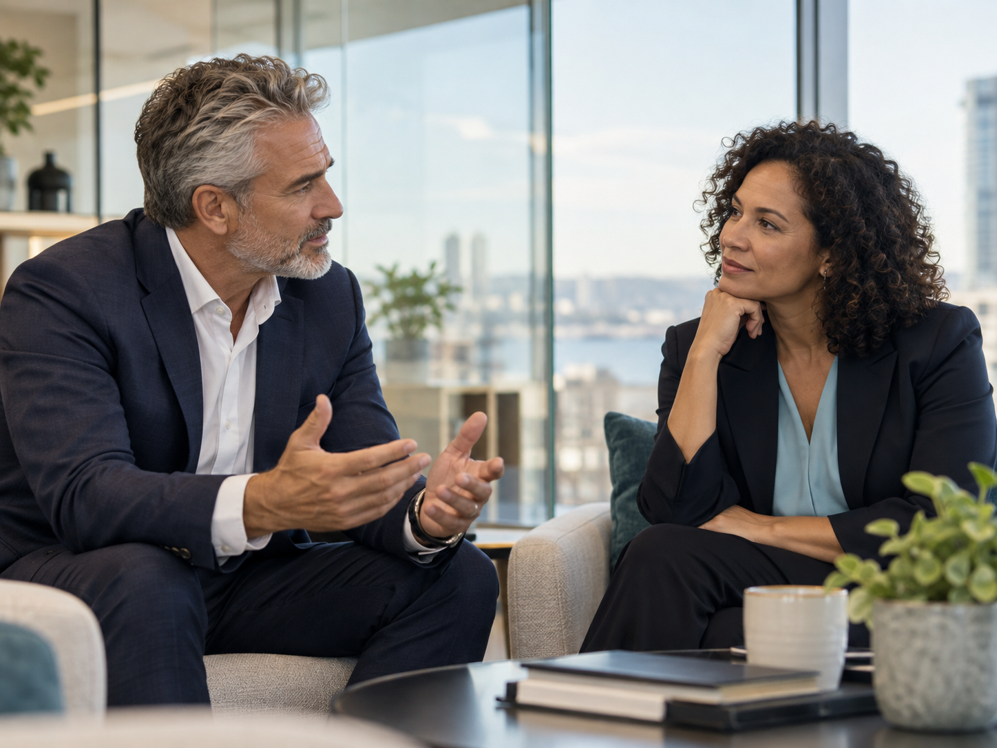 Dos líderes conversando y compartiendo feedback constructivo