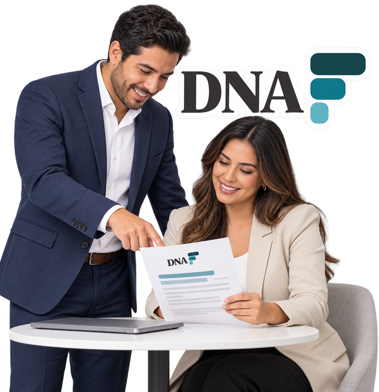 Dos profesionales latinoamericanos revisan un reporte DNA sobre fortalezas y desarrollo