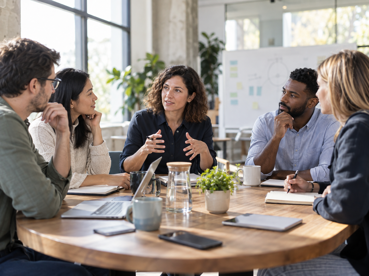 Un equipo diverso conversa y construye acuerdos en una sesión de coaching de equipos.