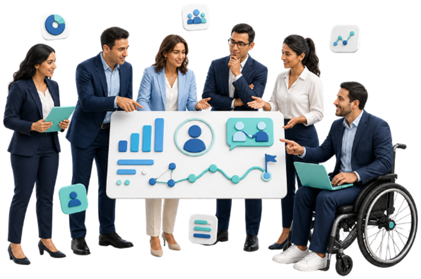 Equipo de profesionales colaborando alrededor de un tablero de desarrollo de talento